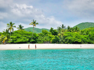 Walkers on a white sand beach backed by palms and green hills, Virgin Islands National Park, St John USVI